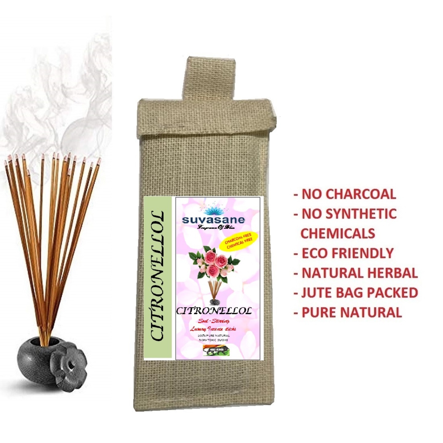 Suvasane Citronellol Fragrance Herbal  charcoal free Pure Natural Agarbatti No added Chemicals, Brown 9 sticks in Jute bag