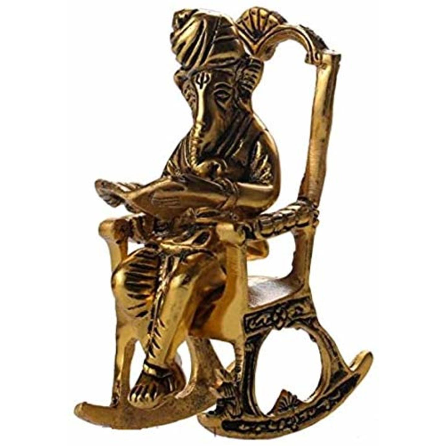 Swinging Chair Rocking Chair Brass Antique Hand Made whitemetal Ganesha Idol with Gold Plating Finish, Book Reading ganapathi Pooja artical 6 x 5 x 4 inches