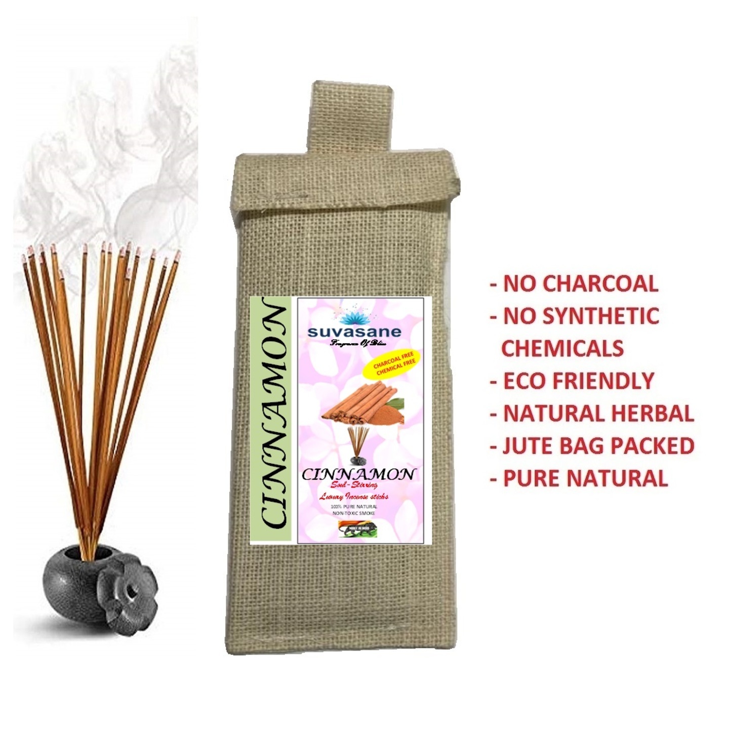 Suvasane Cinnamon Fragrance Herbal  charcoal free Pure Natural Agarbatti No added Chemicals, 50gms, Brown 9 sticks in Jute bag
