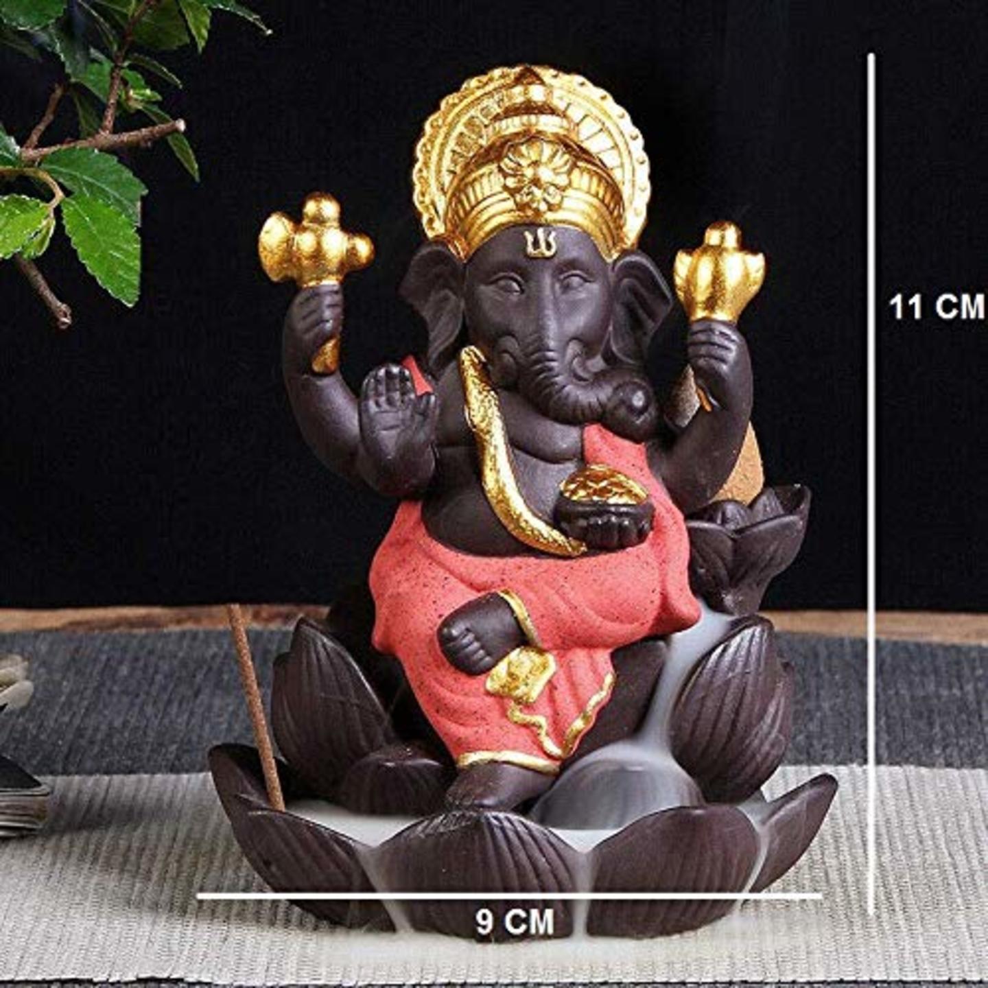 Lotus Ganesha Smoke Backflow Fountain Incense Cone Holder, Decorative Showpiece, Gift with Free 10 Smoke Backflow Scented Cone Incenses