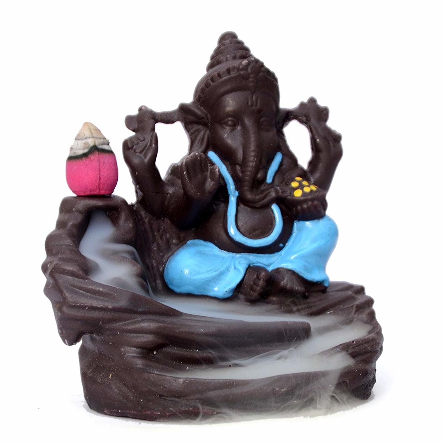 Suvasane Lord Bal Ganesha Smoke Fountain Polyresin Incense Burner with 10 Backflow Scented Cone Incense Blue