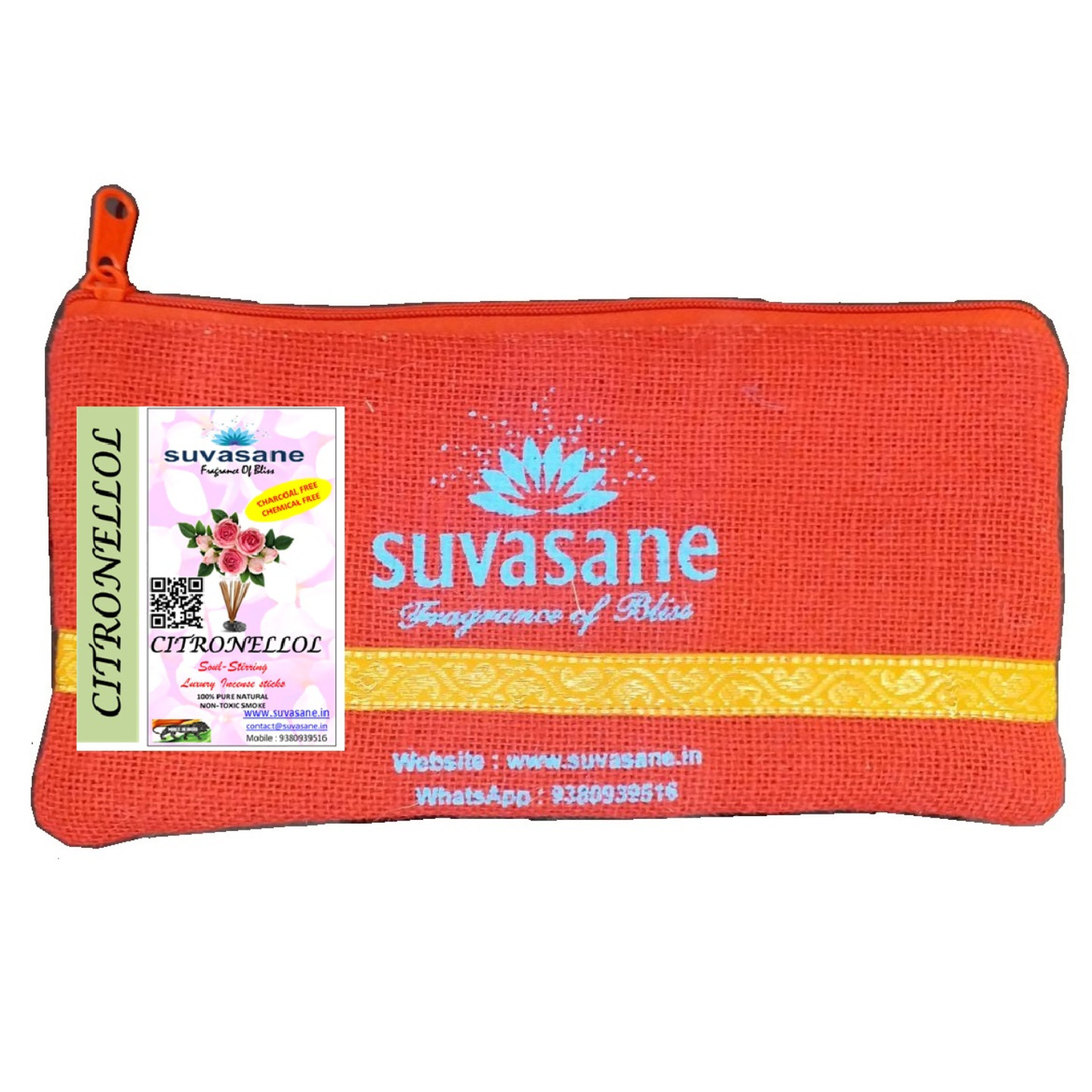Suvasane Citronellol Fragrance 150gms Herbal Pure Natural Agarbatti No added Chemicals, Brown 9 sticks in Jute bag