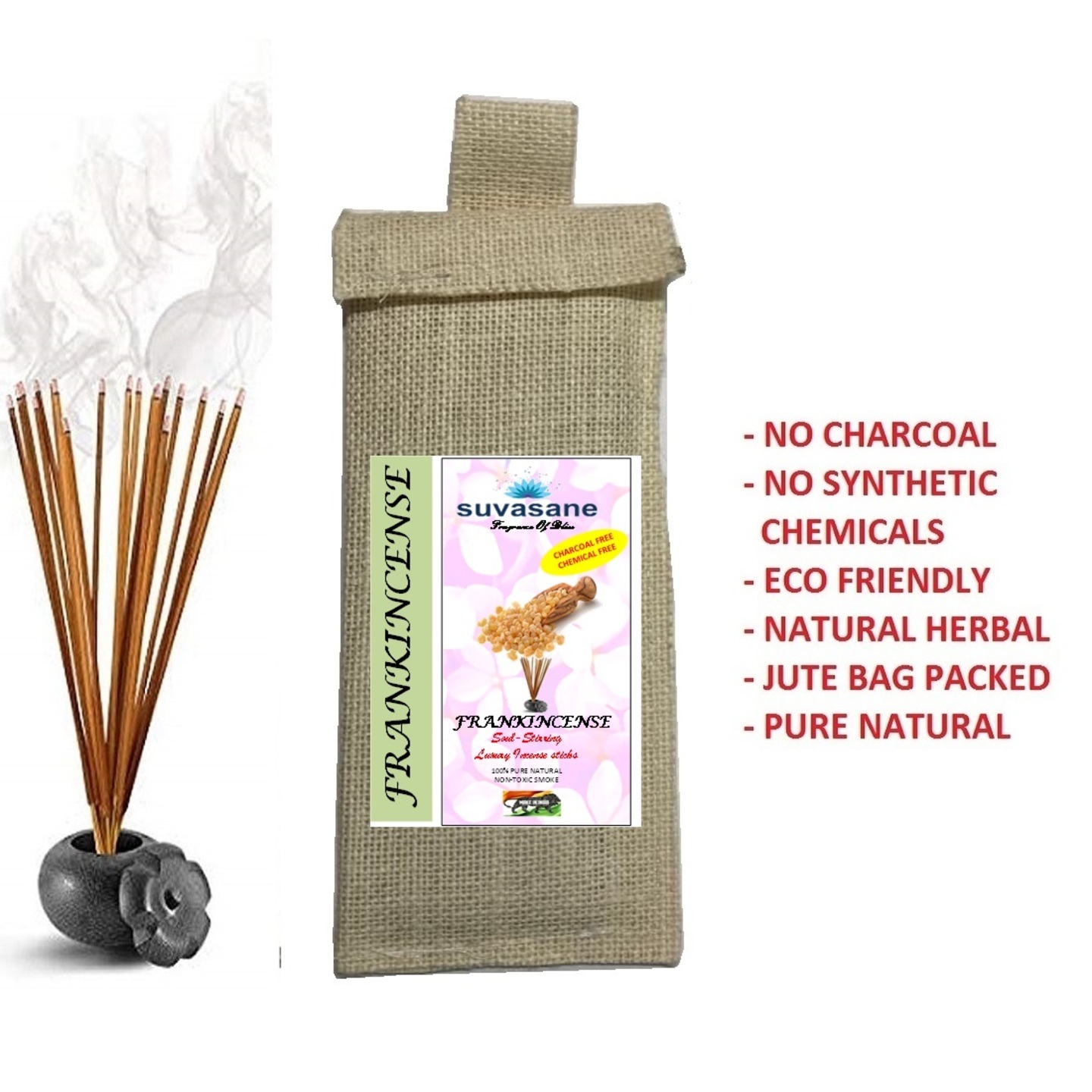Suvasane Frankincense Fragrance Herbal  charcoal free Pure Natural Agarbatti No added Chemicals, Brown 9 sticks in Jute bag
