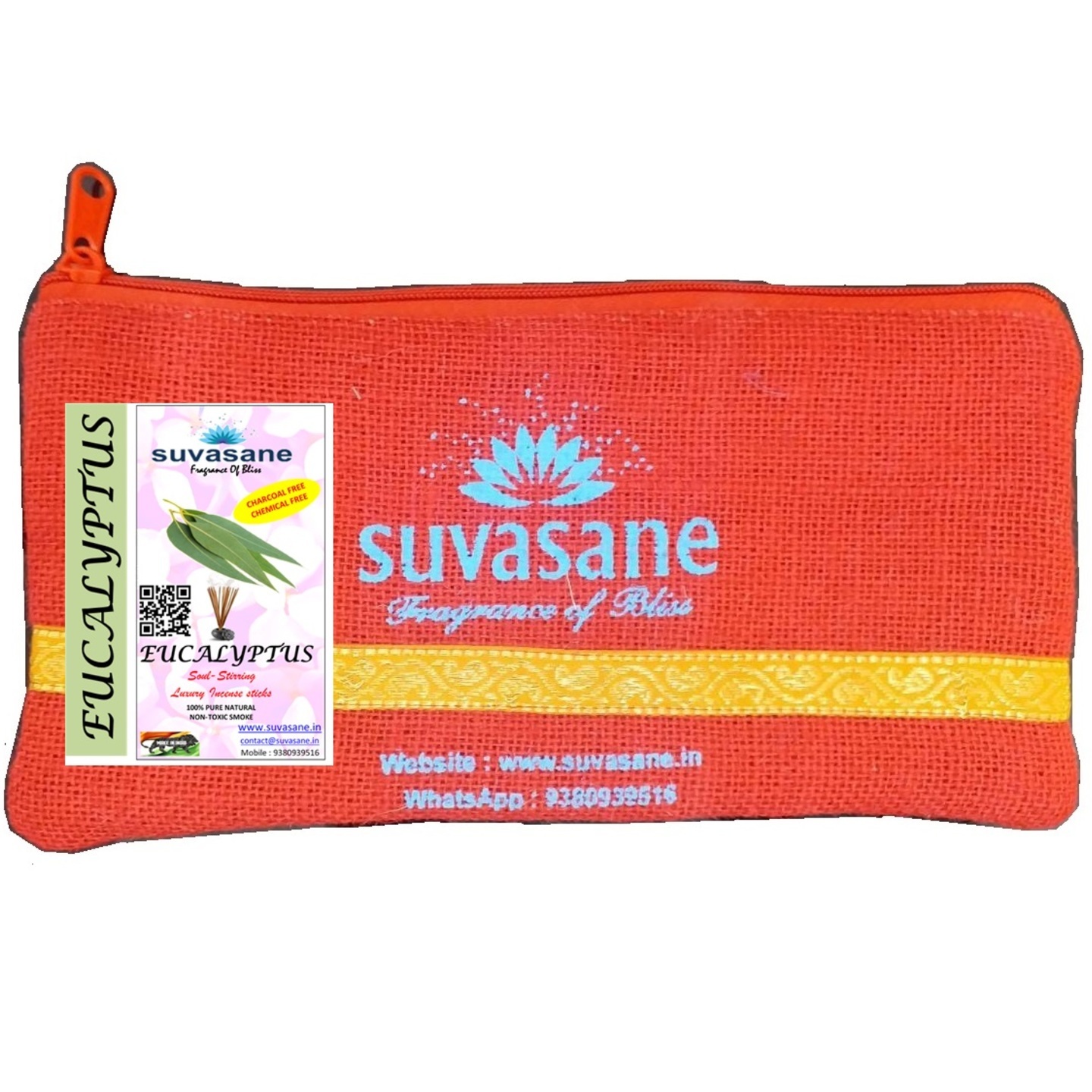 Suvasane Eucalyptus Fragrance 150gms Herbal  charcoal free Pure Natural Agarbatti No added Chemicals, Brown 9 sticks in Jute bag