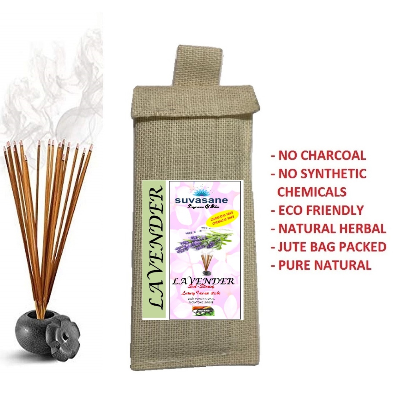 Suvasane Lavender Fragrance Herbal  charcoal free Pure Natural Agarbatti No added Chemicals, 50gms, Brown 9 sticks in Jute bag