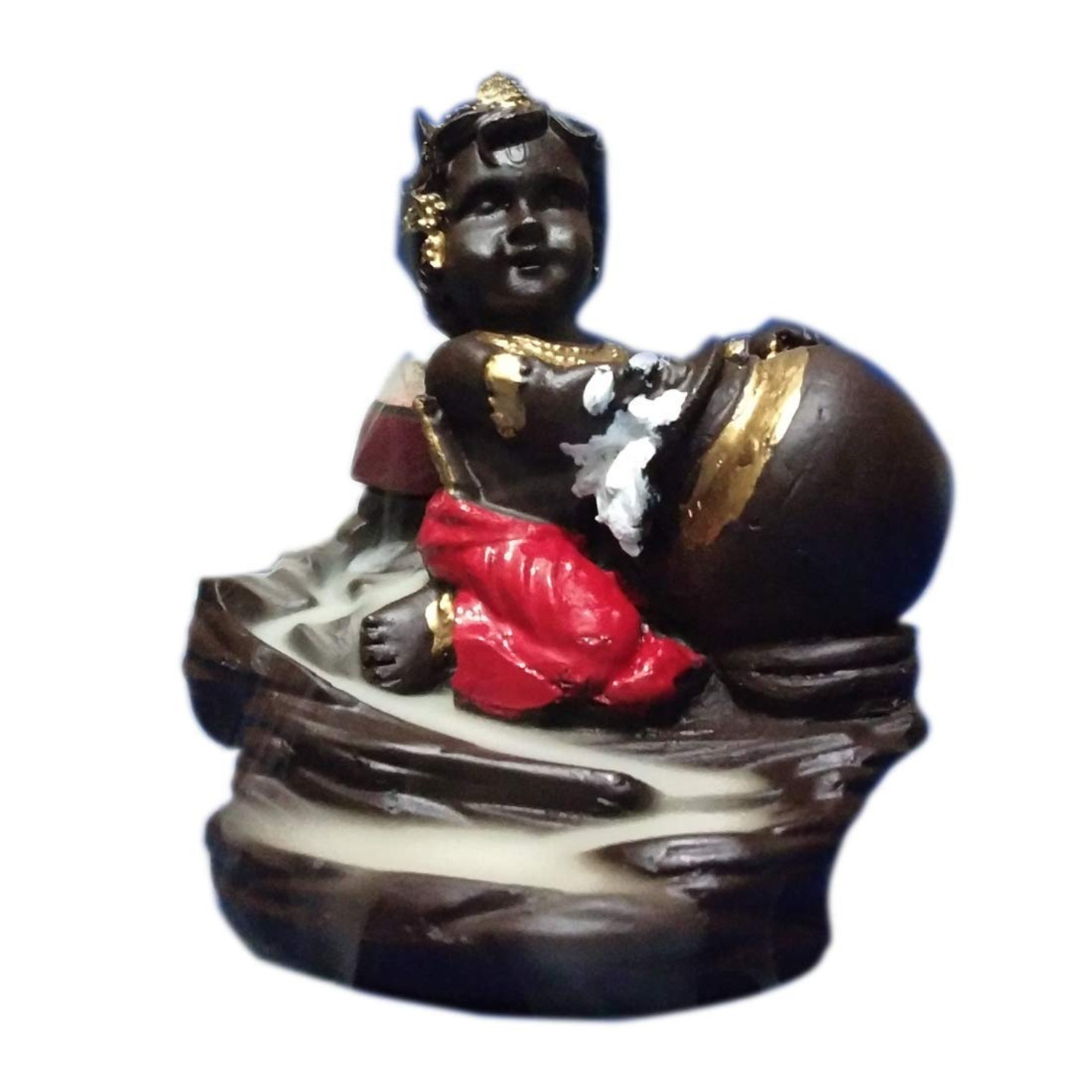 Suvasane Little Krishna Polyresin Backflow Smoke Fountain Incense Cone Holder Decorative Showpiece with 10 Back Flow Cones (Red)