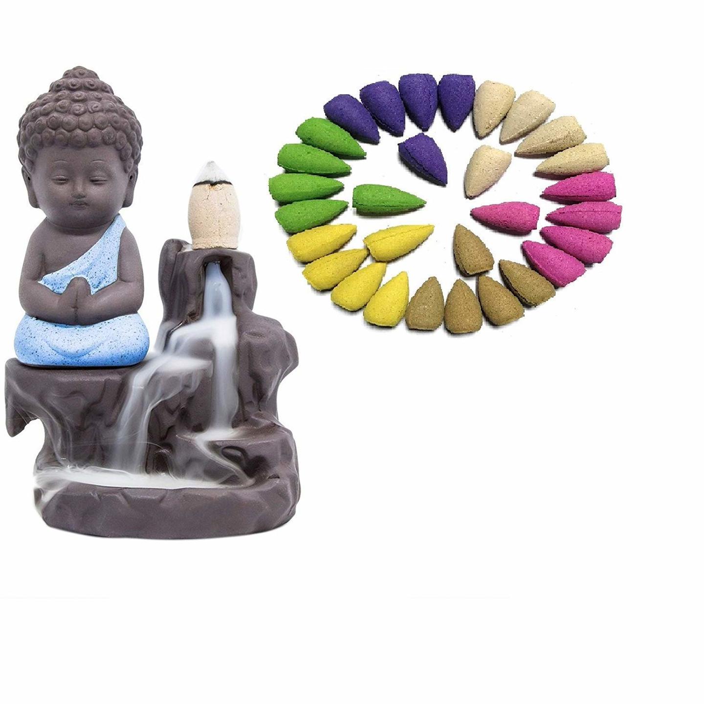 Meditating Monk Suvasane Buddha Smoke Back Flow Cone Decorative Incense Holder 7 cm x 7 cm x 12, Blue