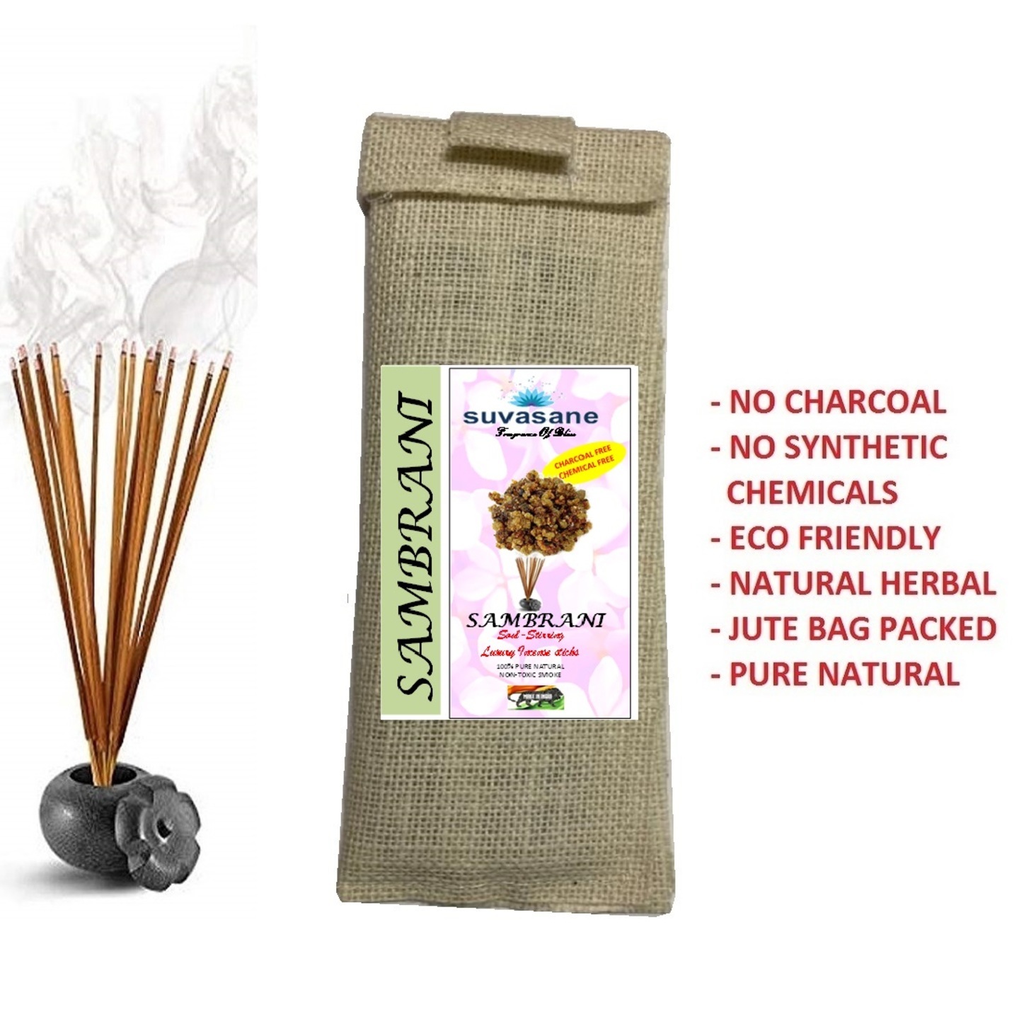 Suvasane Sambrani Fragrance Herbal  charcoal free Pure Natural Agarbatti No added Chemicals, Brown 9 sticks in Jute bag