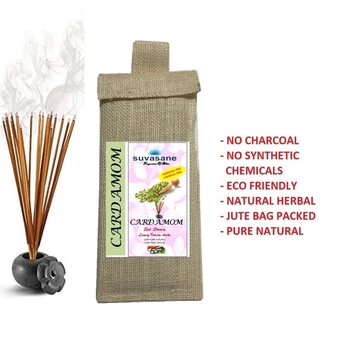 Suvasane Cardamom Fragrance Herbal  charcoal free Pure Natural Agarbatti No added Chemicals, 50gms, Brown 9 sticks in Jute bag