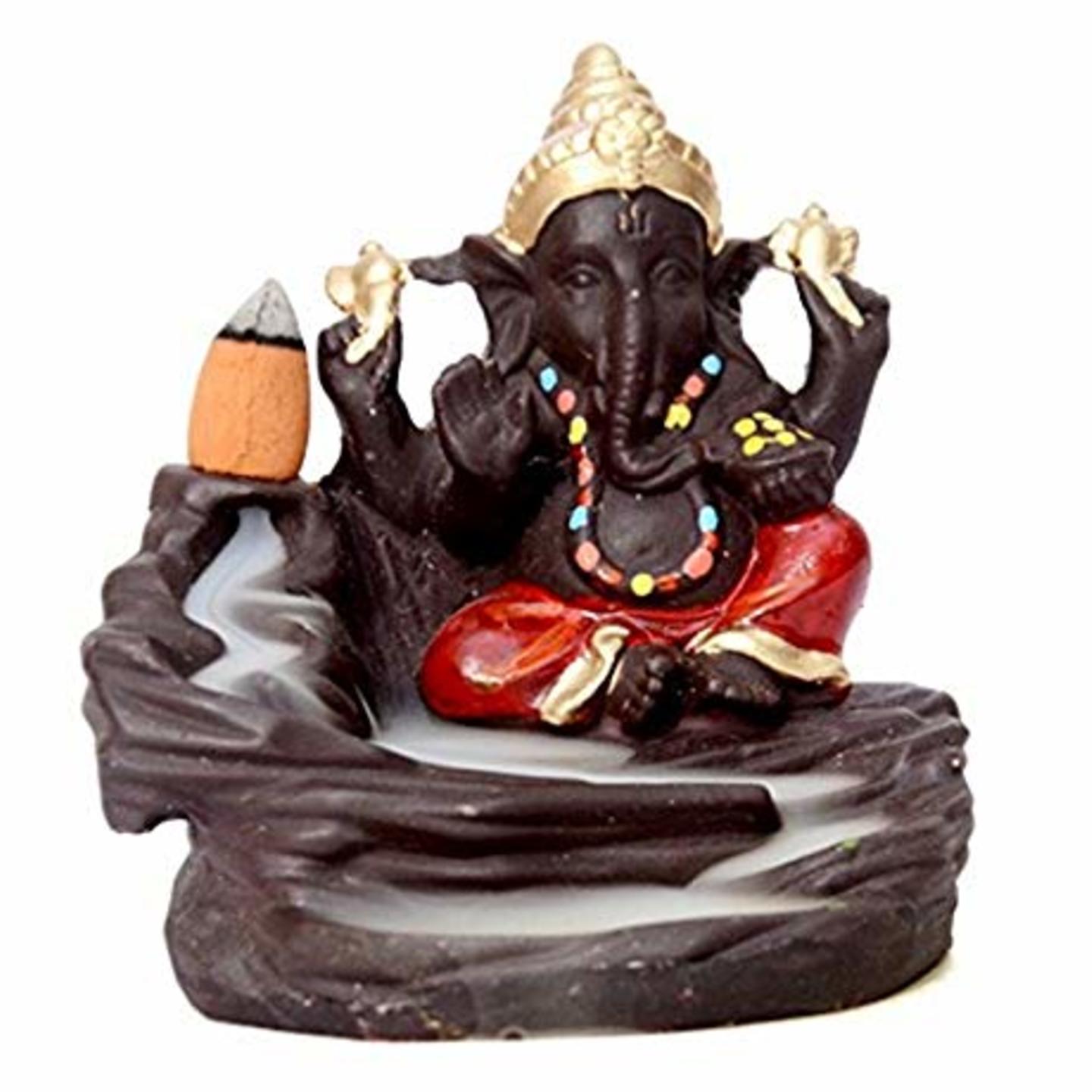 Suvasane Lord Bal Ganesha Smoke Fountain Polyresin Incense Burner with 10 Backflow Scented Cone Incense Red