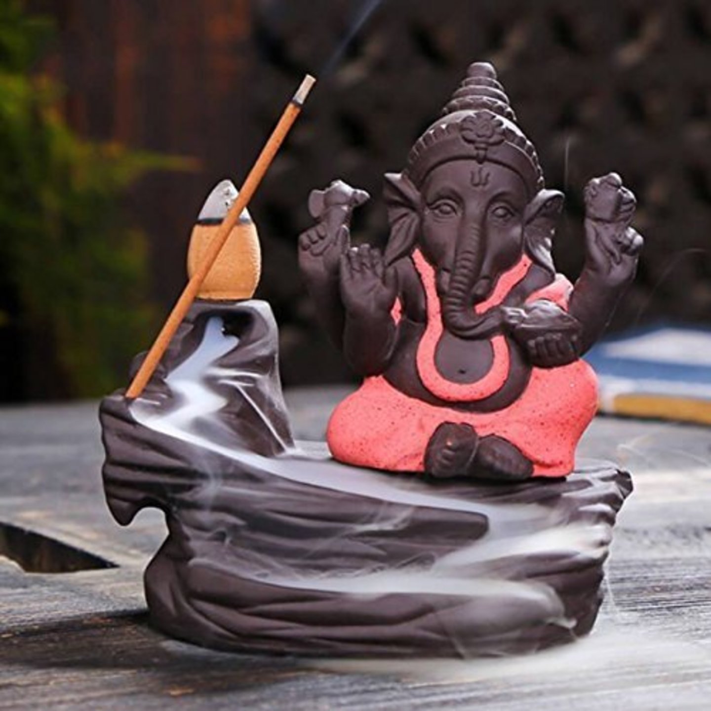 Suvasane Lord Bal Ganesha Smoke Fountain Polyresin Incense Burner with 10 Backflow Scented Cone Incense Pink