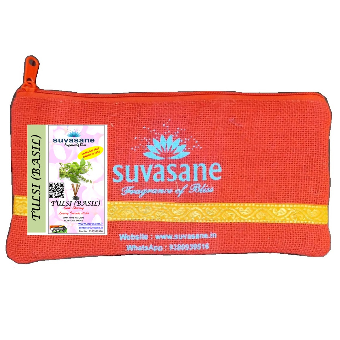 Suvasane Tulsi Basil Fragrance 150gms Herbal Pure Natural Agarbatti No added Chemicals, Brown 9 sticks in Jute bag