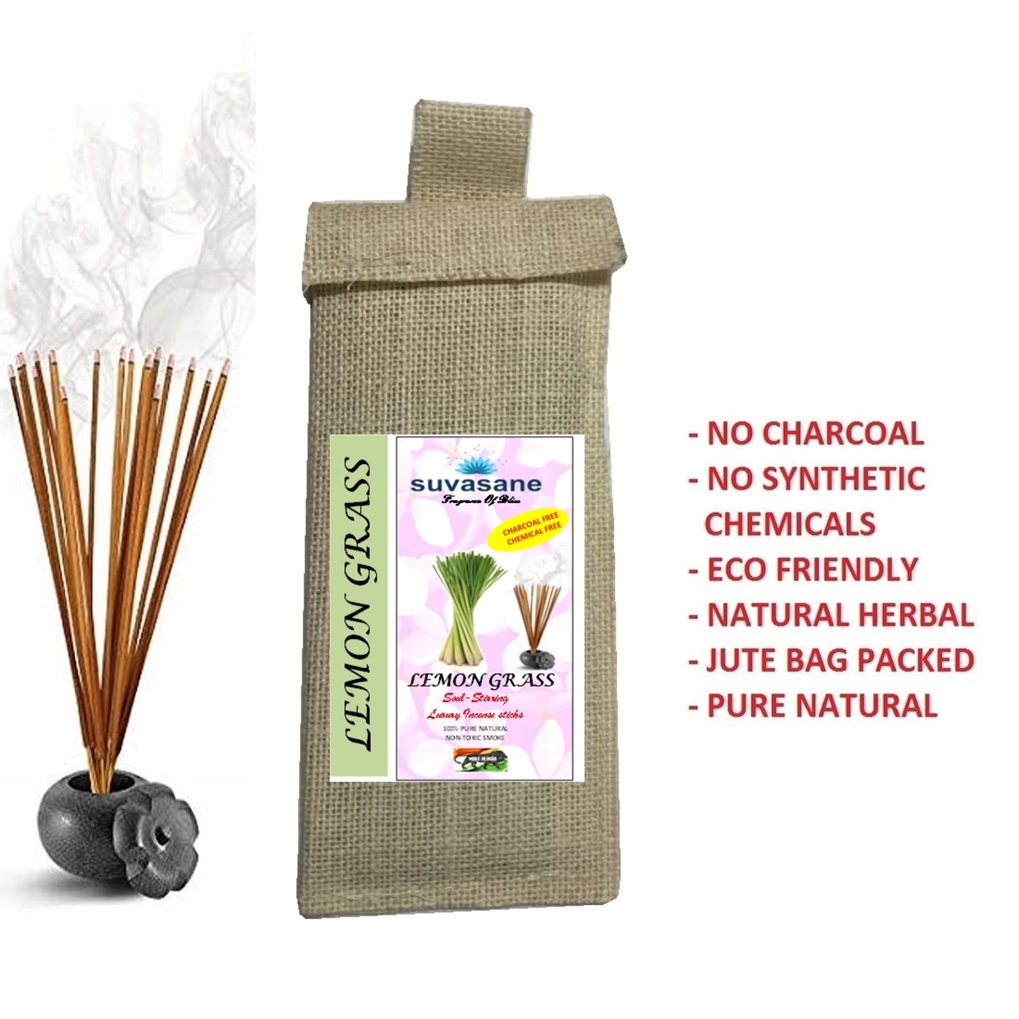 Suvasane Lemon Grass Fragrance Herbal  charcoal free Pure Natural Agarbatti No added Chemicals, Brown 9 sticks in Jute bag