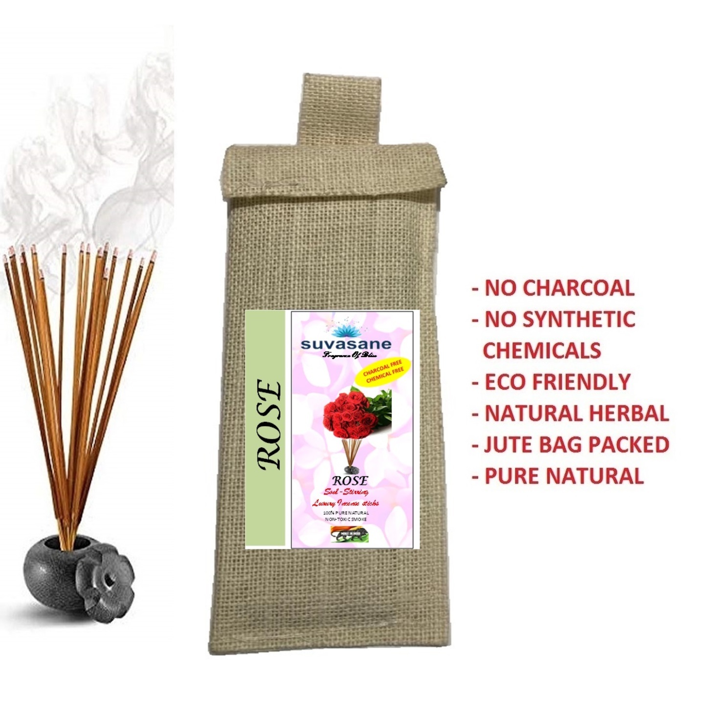 Suvasane Rose Fragrance Herbal  charcoal free Pure Natural Agarbatti No added Chemicals, Brown 9 sticks in Jute bag