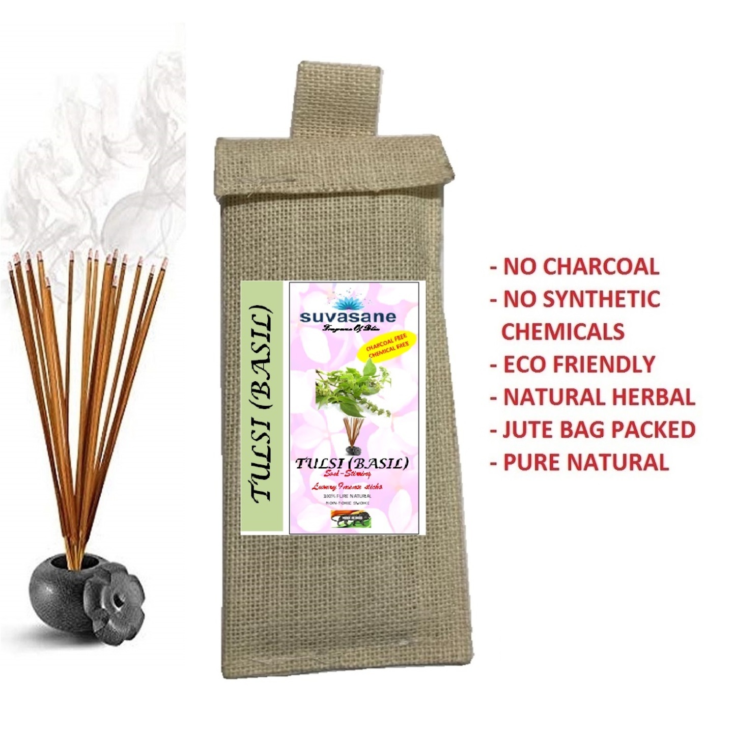 Suvasane Tulsi Basil Fragrance Herbal  charcoal free Pure Natural Agarbatti No added Chemicals, Brown 9 sticks in Jute bag