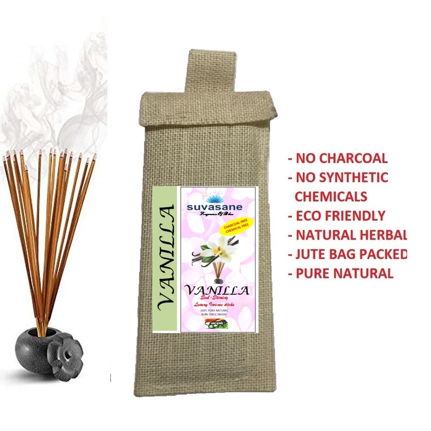 Suvasane Vanilla Fragrance Herbal  charcoal free Pure Natural Agarbatti No added Chemicals, Brown 9 sticks in Jute bag