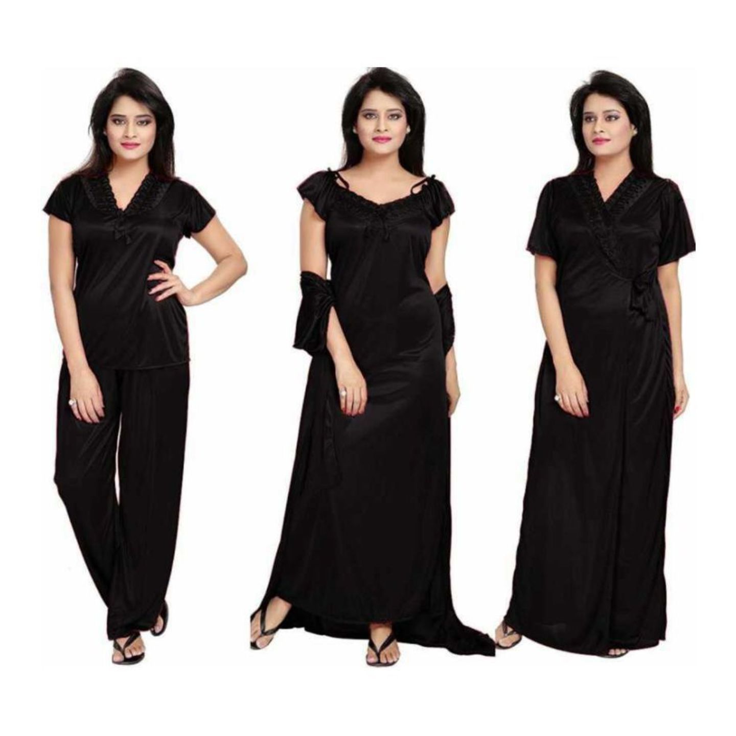 Diljeet Satin Nightwear Set-4 Pcs- RobeNightyTopBottom