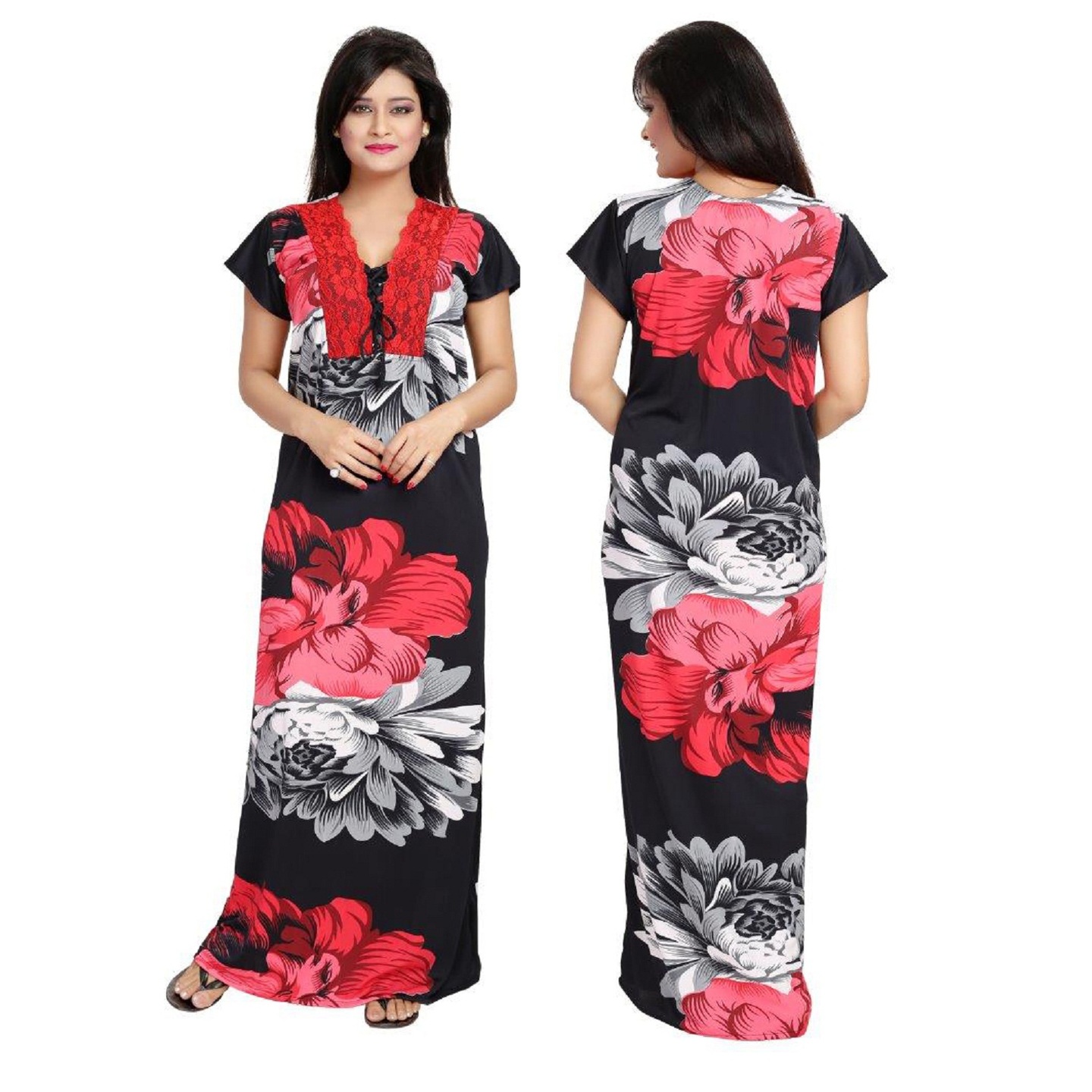 Diljeet Satin Floral Night Gown - Red