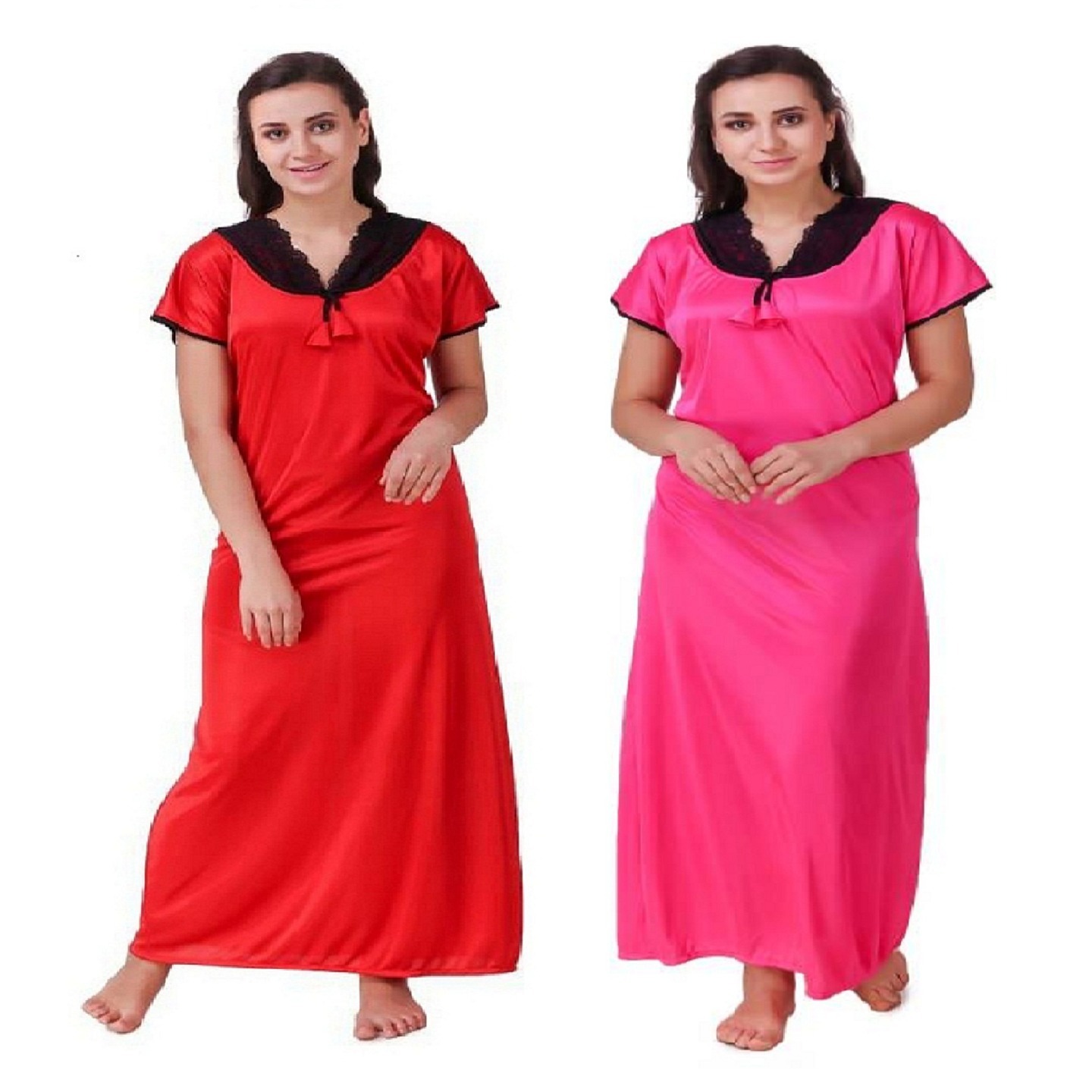 Diljeet Women Solid Satin Night Gown Combo - RedRani