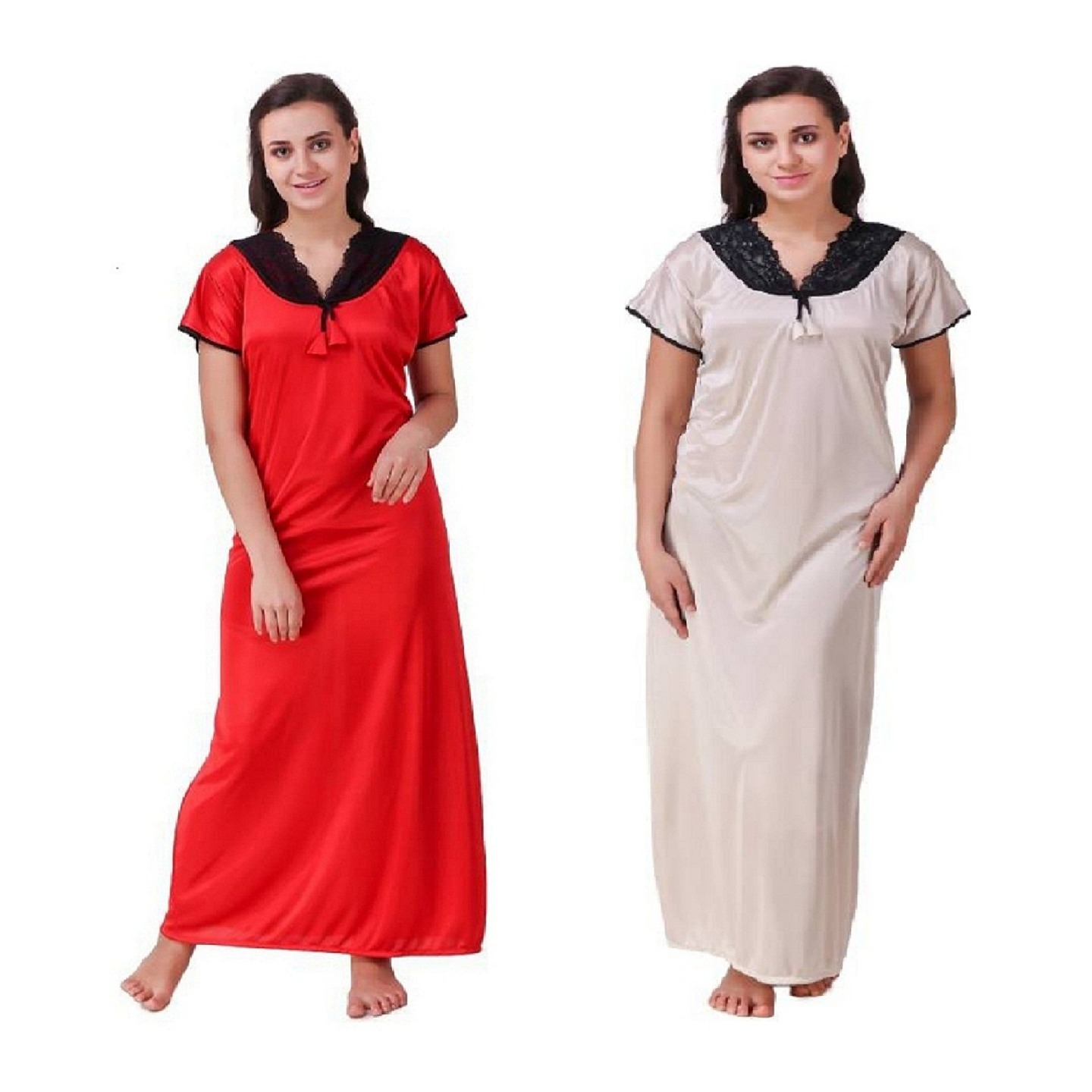 Diljeet Women Solid Satin Night Gown Combo - RedOff-White
