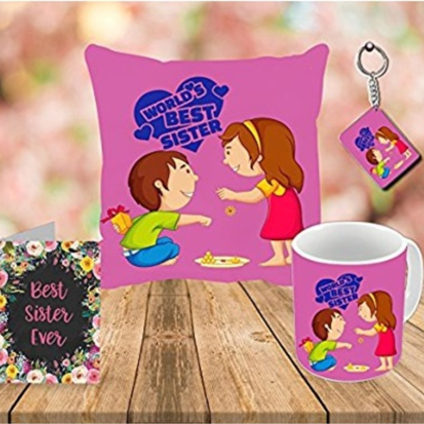 Best Sister Ever Rakhi combo - Cushion, Mug, Key Chain & Greeting Card