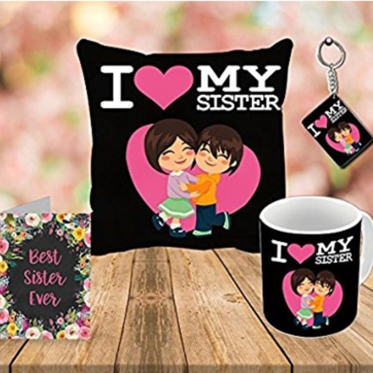 I Love my Sister Cushion, Mug, Key Chain & Greeting Card Combo