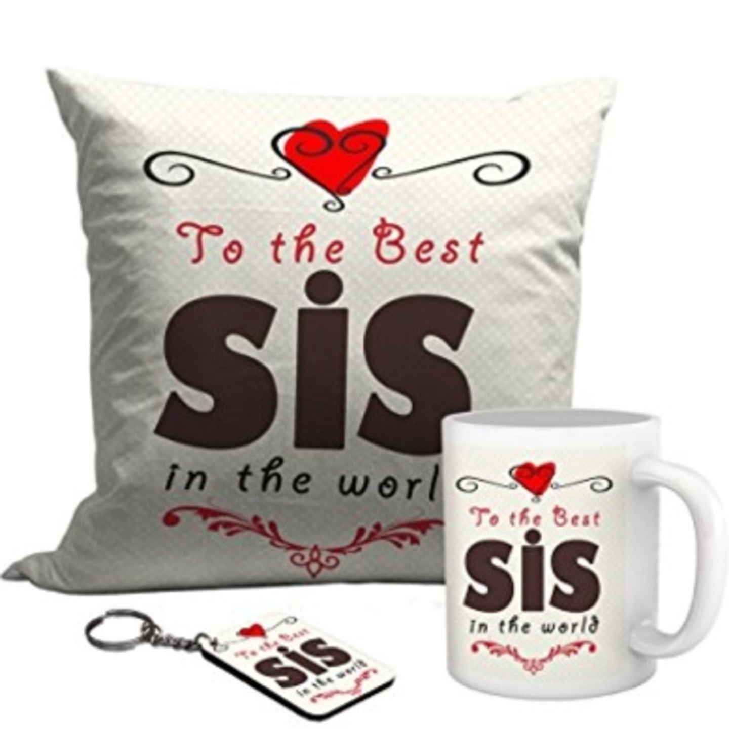 Satin Best Sister Cushion, Mug and Key Chain Combo