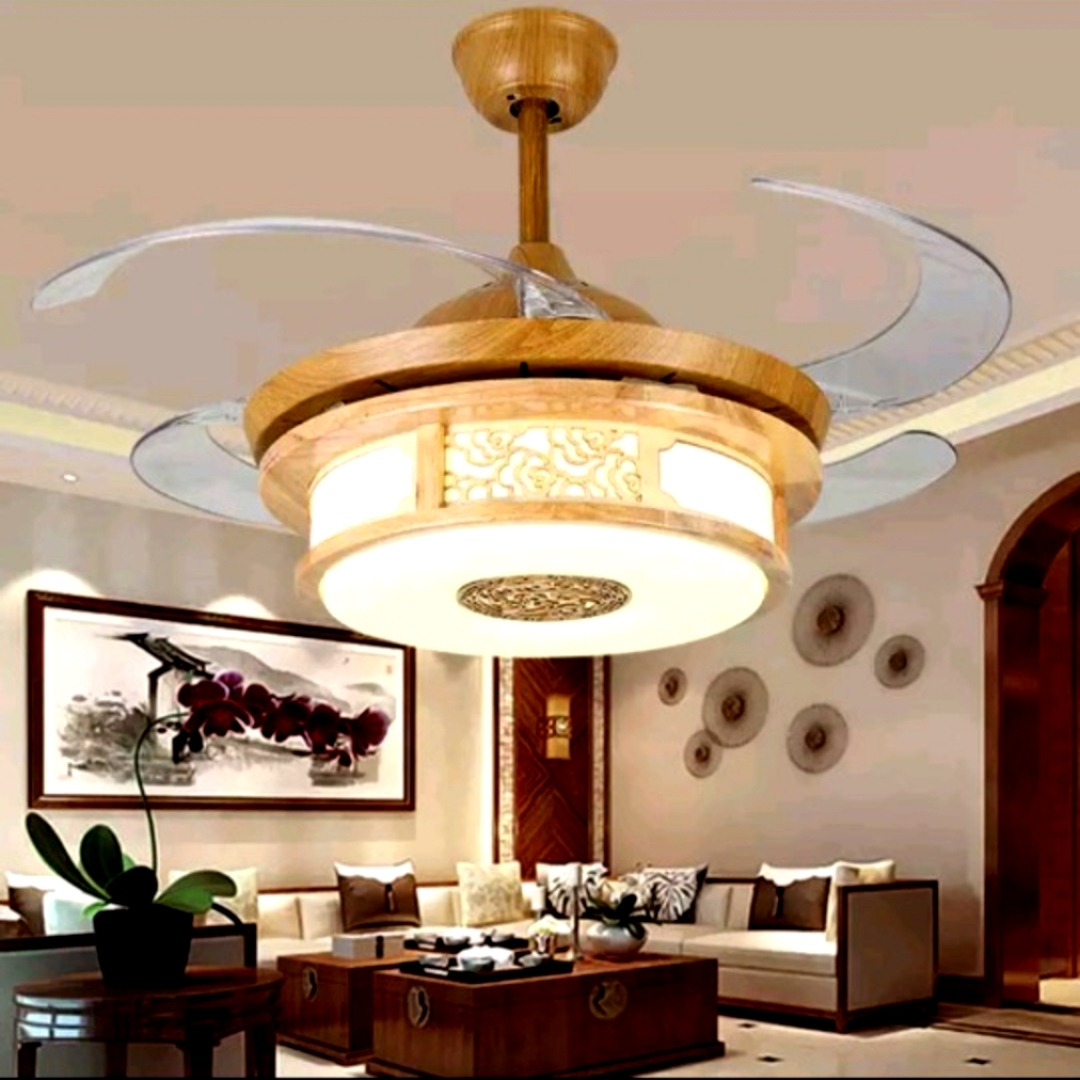 Modern & Contemporary Wooden Old Traditional Style LED Retractable Ceiling Fan Light 