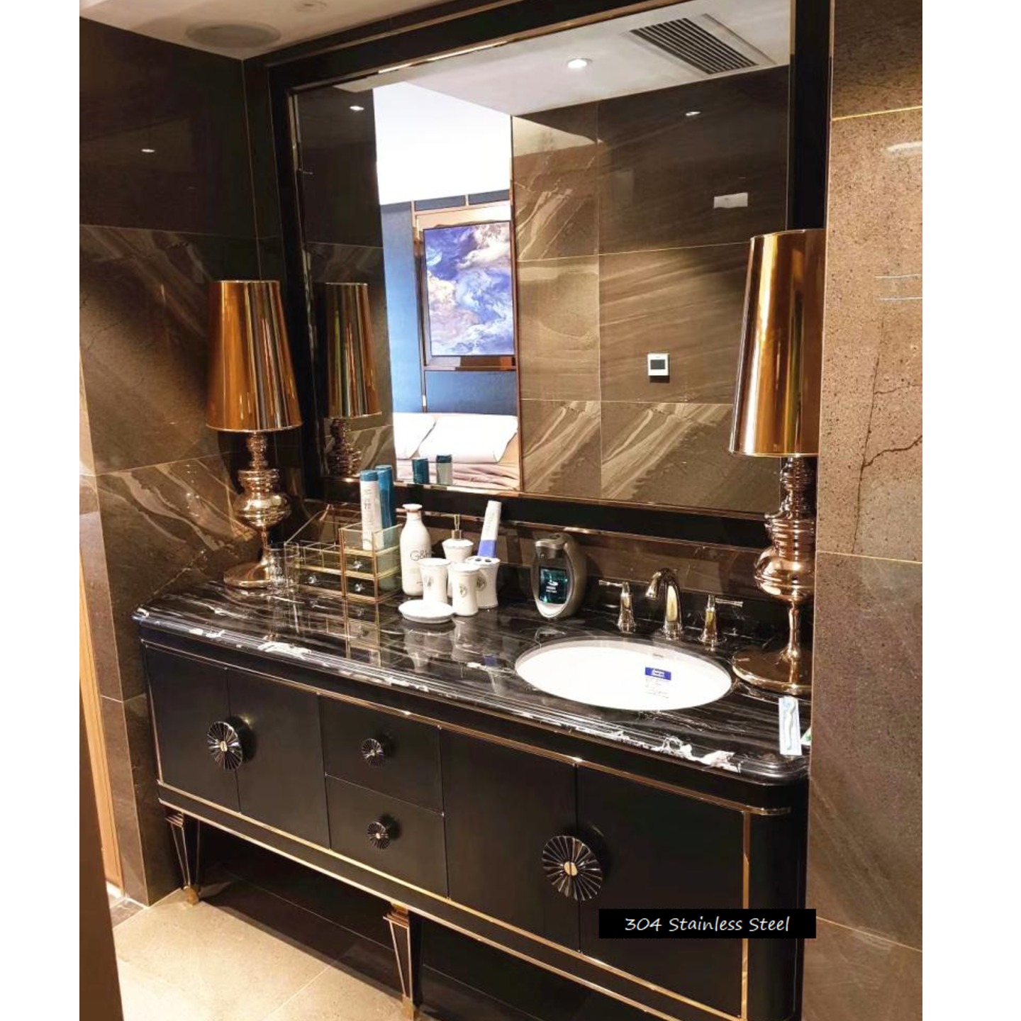 SUS 304 Stainless Steel Classy Black Gold Bathroom Vanity Set