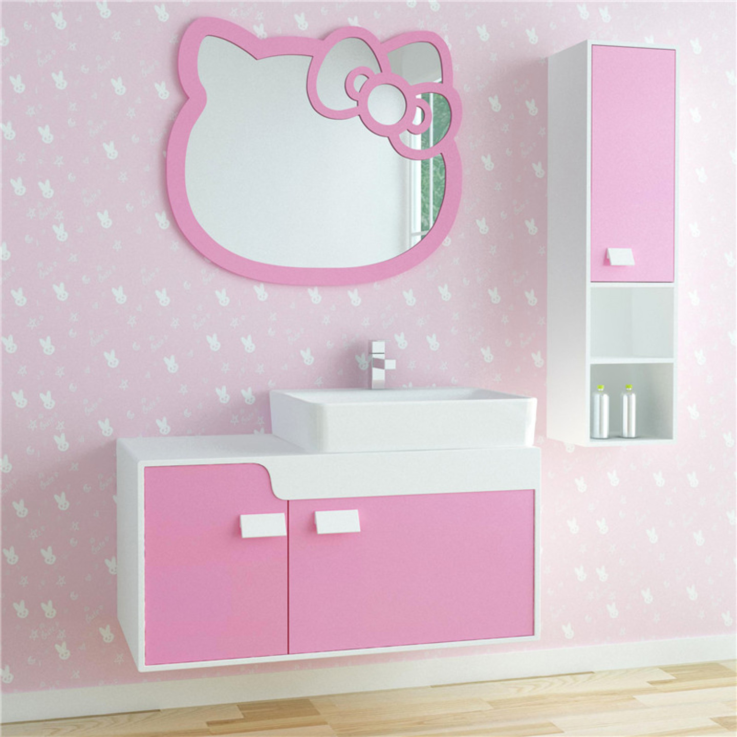 Simple Pink Hello Kitty Head PVC Bathroom Cabinet