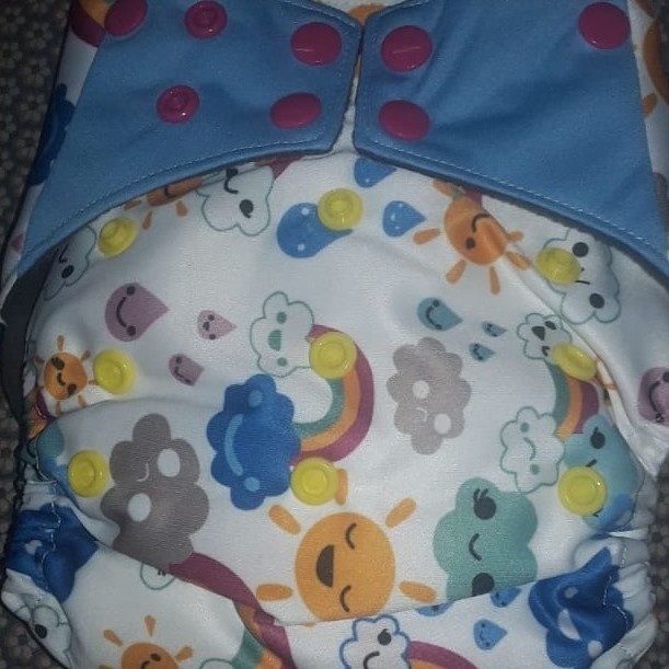 All In Two Double Gusset Baby Diaper, Happy Flute - White Blue Rainbow Clouds