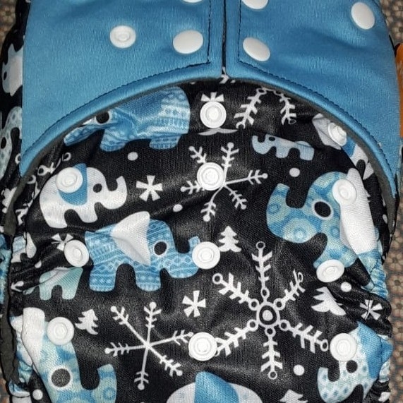All In One Double Gusset Baby Diaper, Happy Flute - Black Blue Elephant