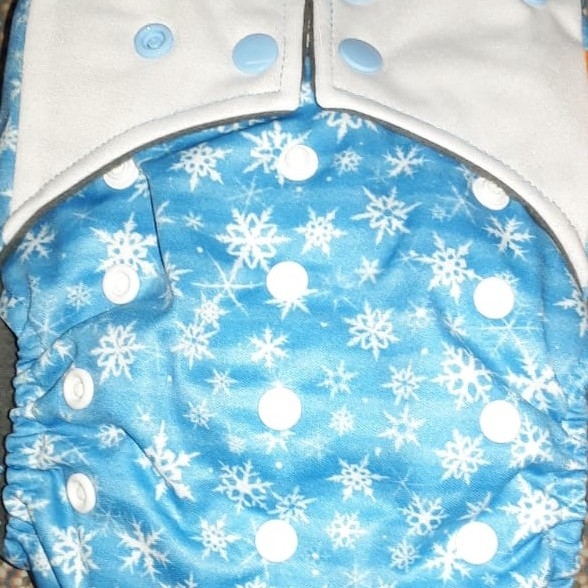 All In One Double Gusset Baby Diaper, Happy Flute - Blue White Snowflakes