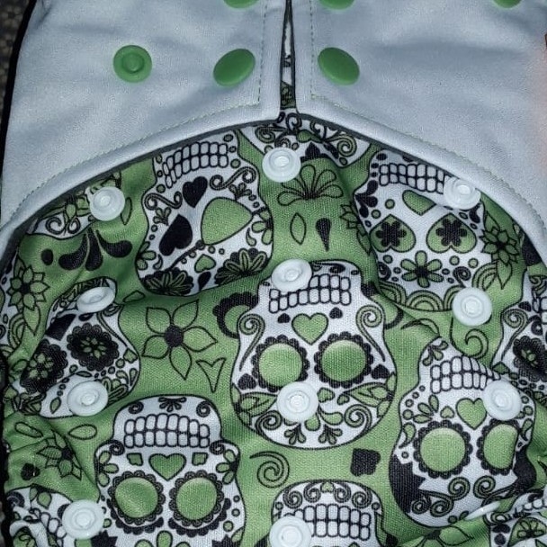 All In One Double Gusset Baby Diaper, Happy Flute - Green Skulls