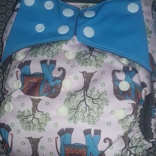 All In Two Double Gusset Baby Diaper, Happy Flute - Blue Elephants