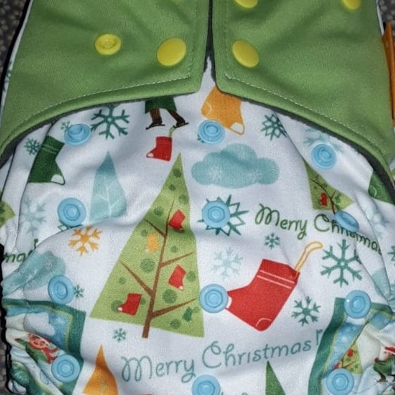 All In One Double Gusset Baby Diaper, Happy Flute - Green Merry Christmas