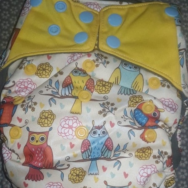 All In Two Double Gusset Baby Diaper, Happy Flute - Yellow Owls