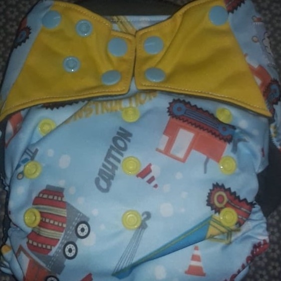 All In Two Double Gusset Baby Diaper, Happy Flute - Blue Construction Vehicles