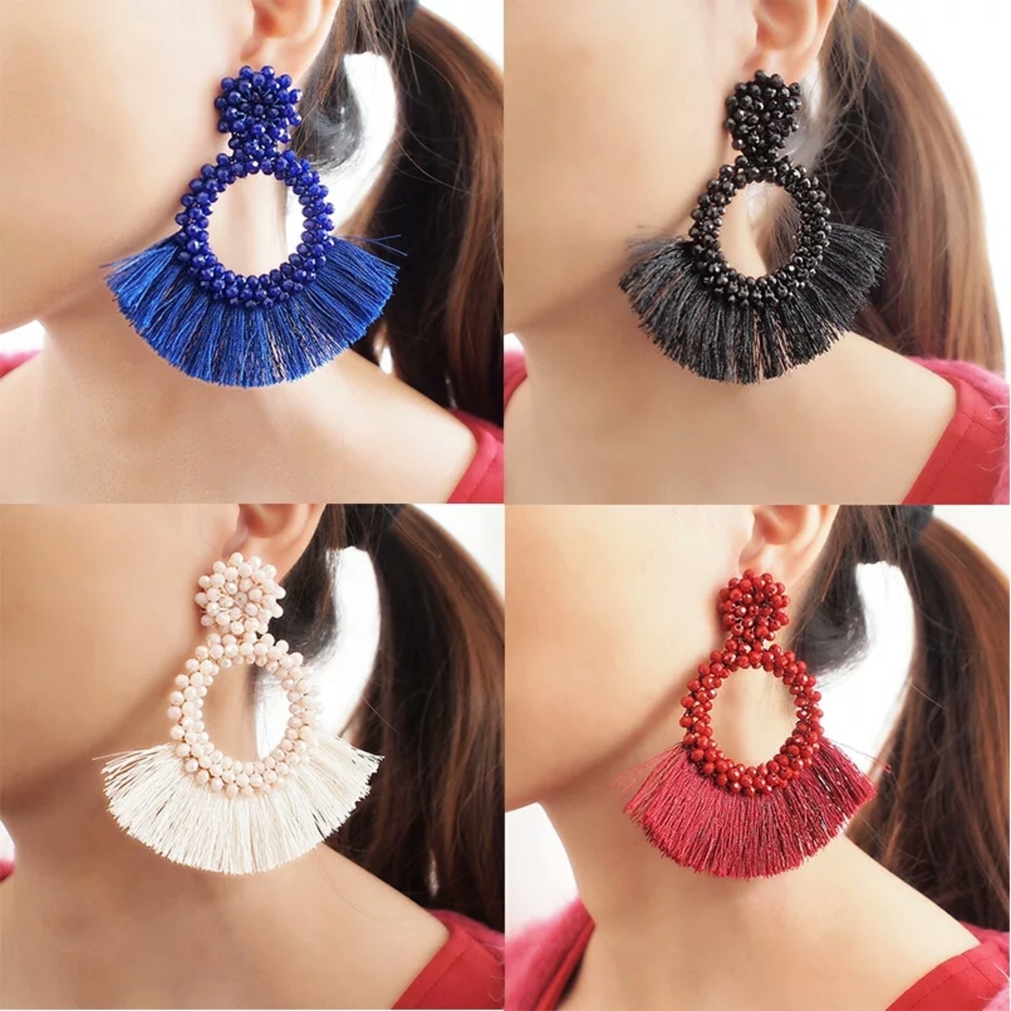 Trendy Round Beadwork Earrings with Tassels