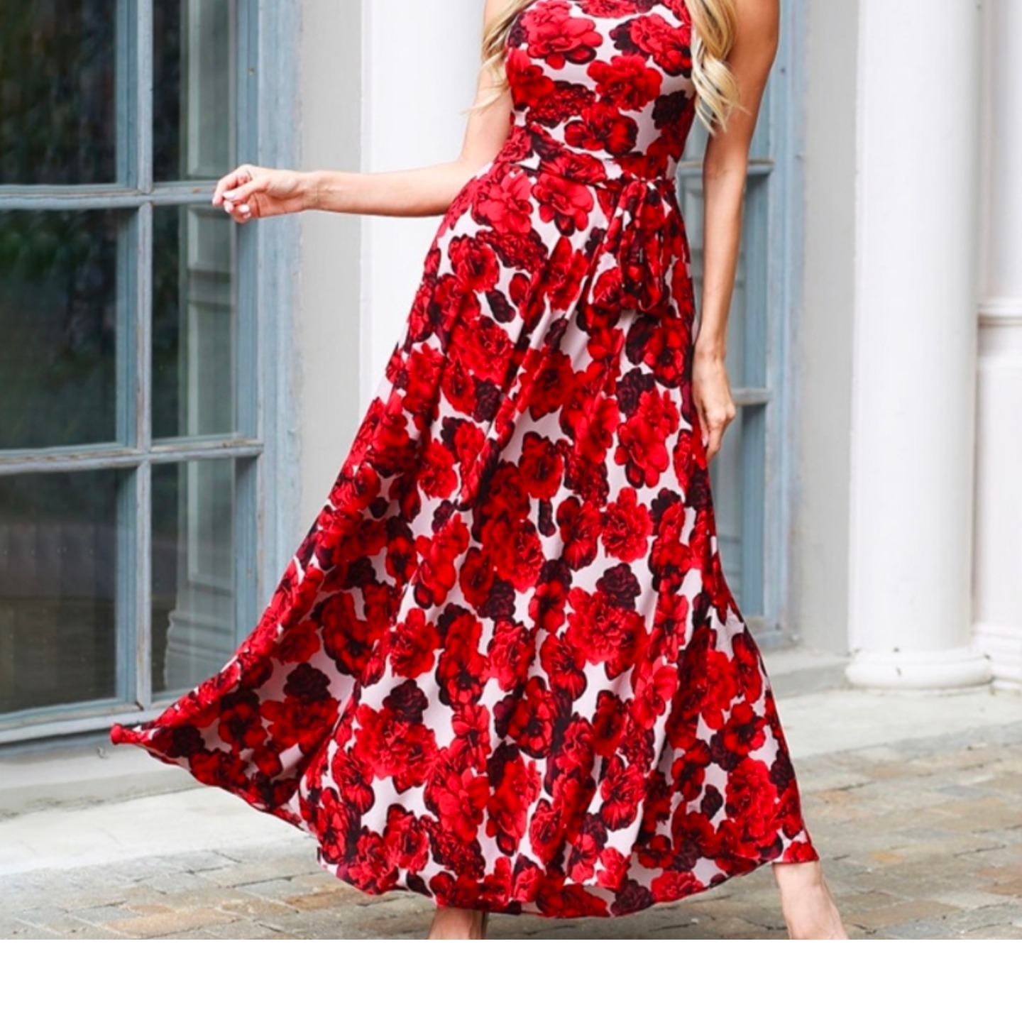 Red Floral Print A-line Maxi dress 