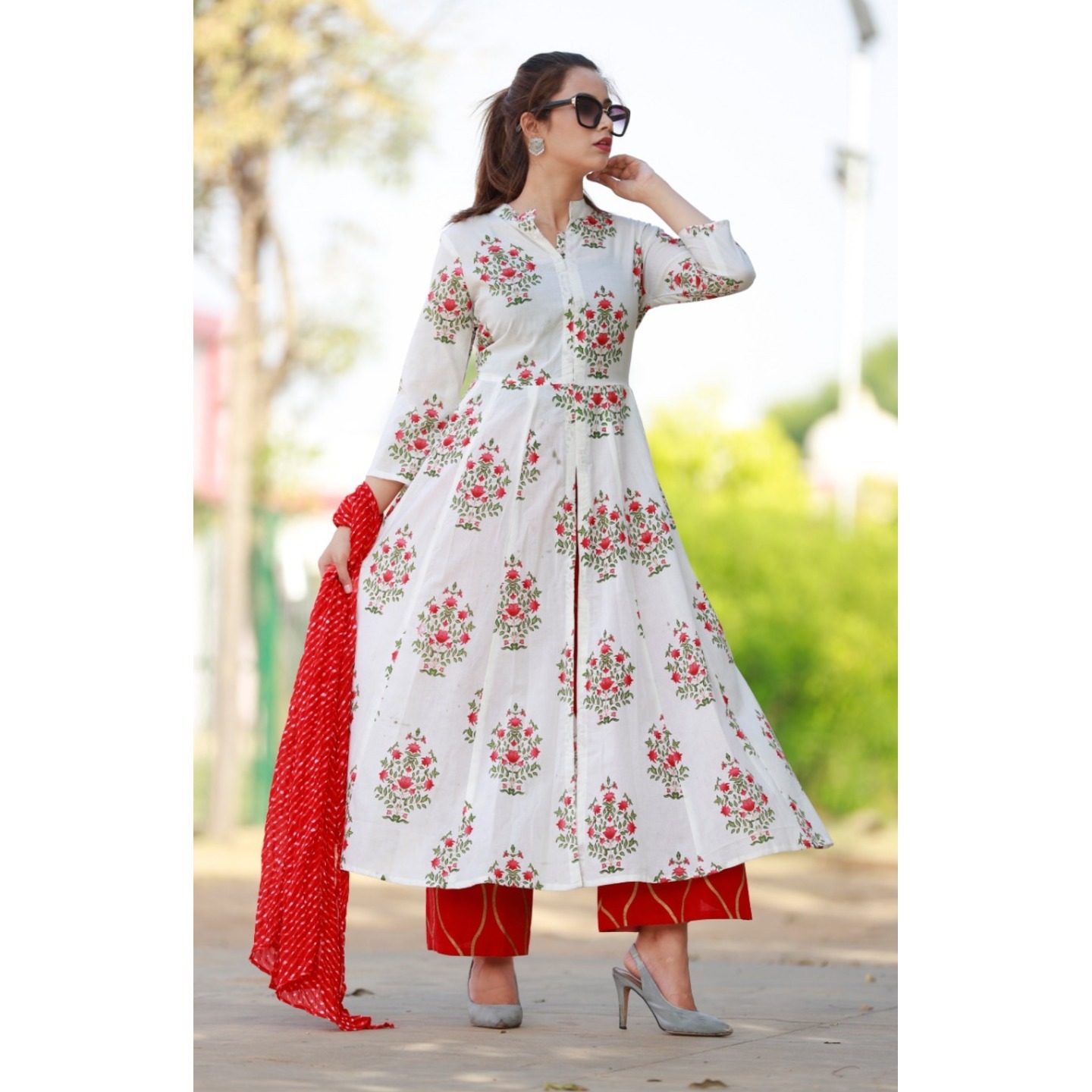 White &red  Printed suit set