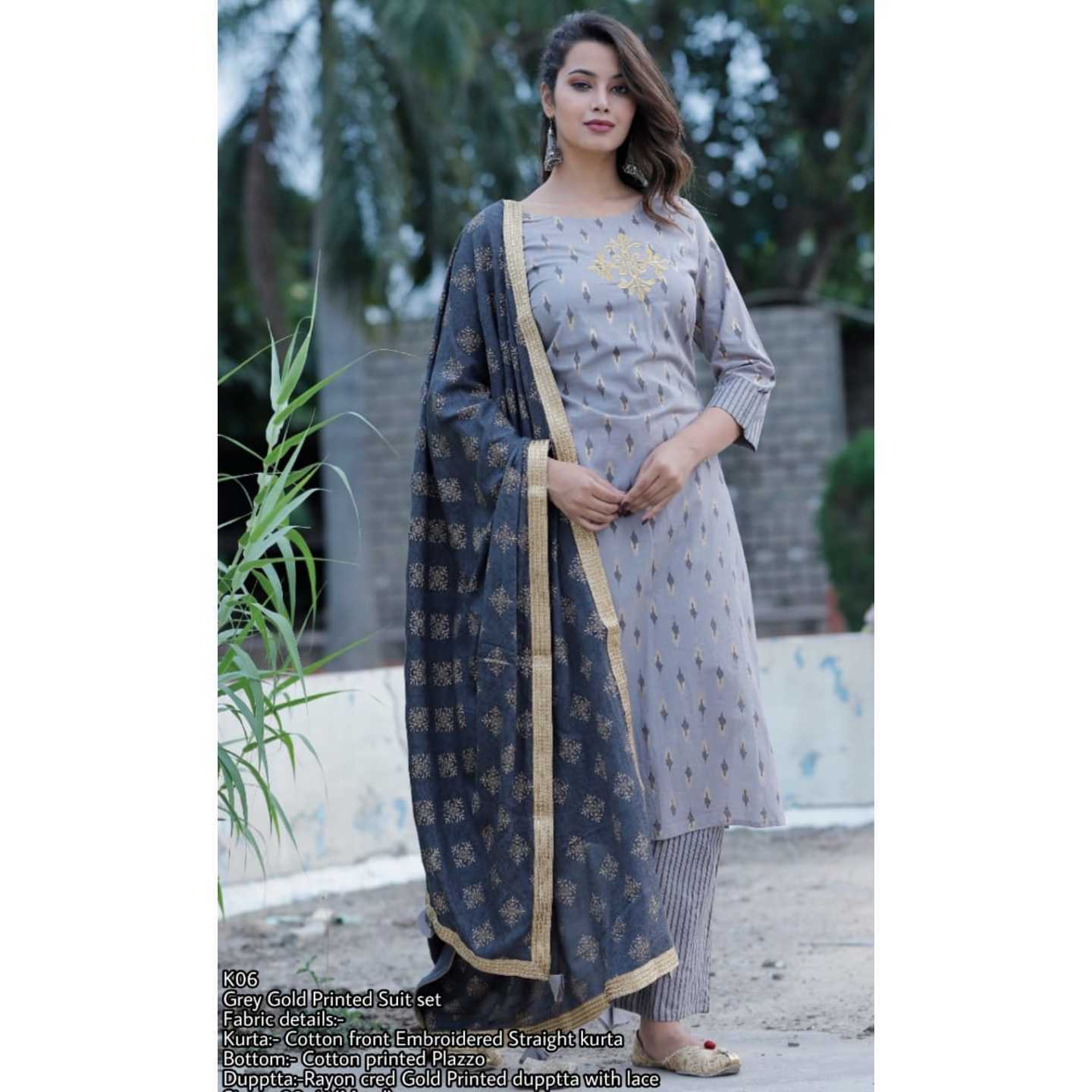 Grey Gold Printed Suit set