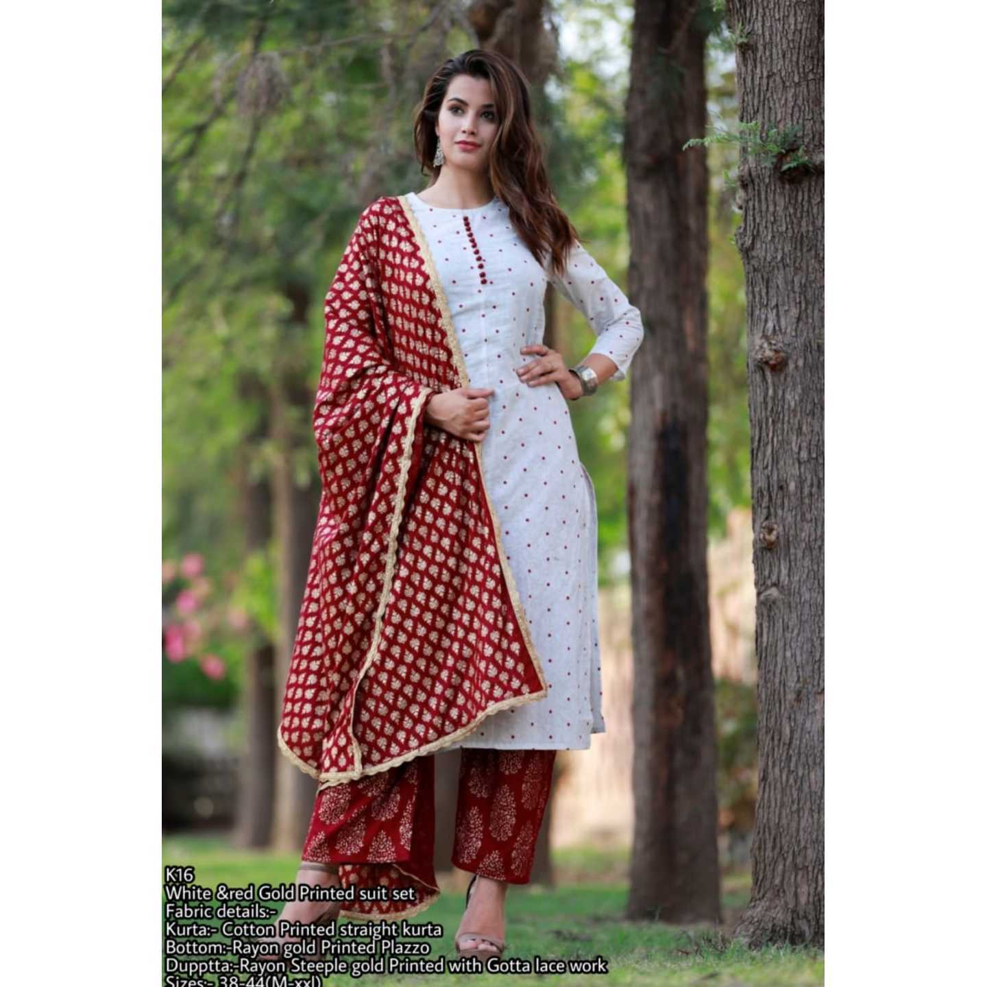 White & Red gold Cotton suit set 