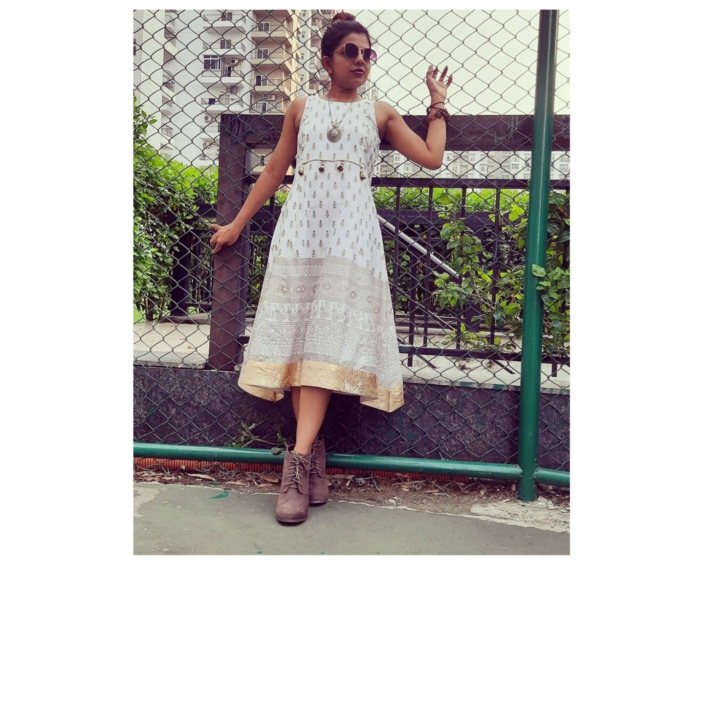 White Hand Block print Dress