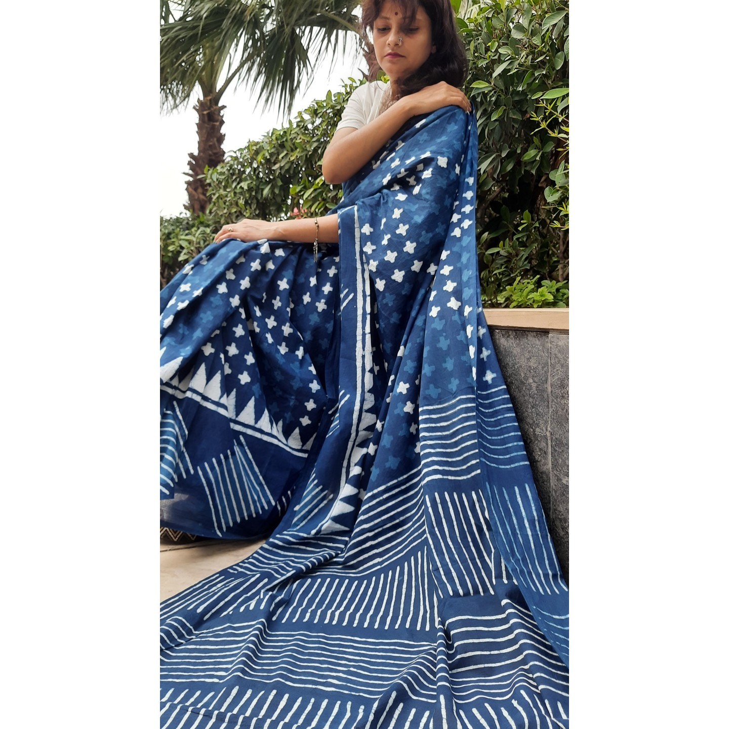 Blue indigo hand block cotton saree