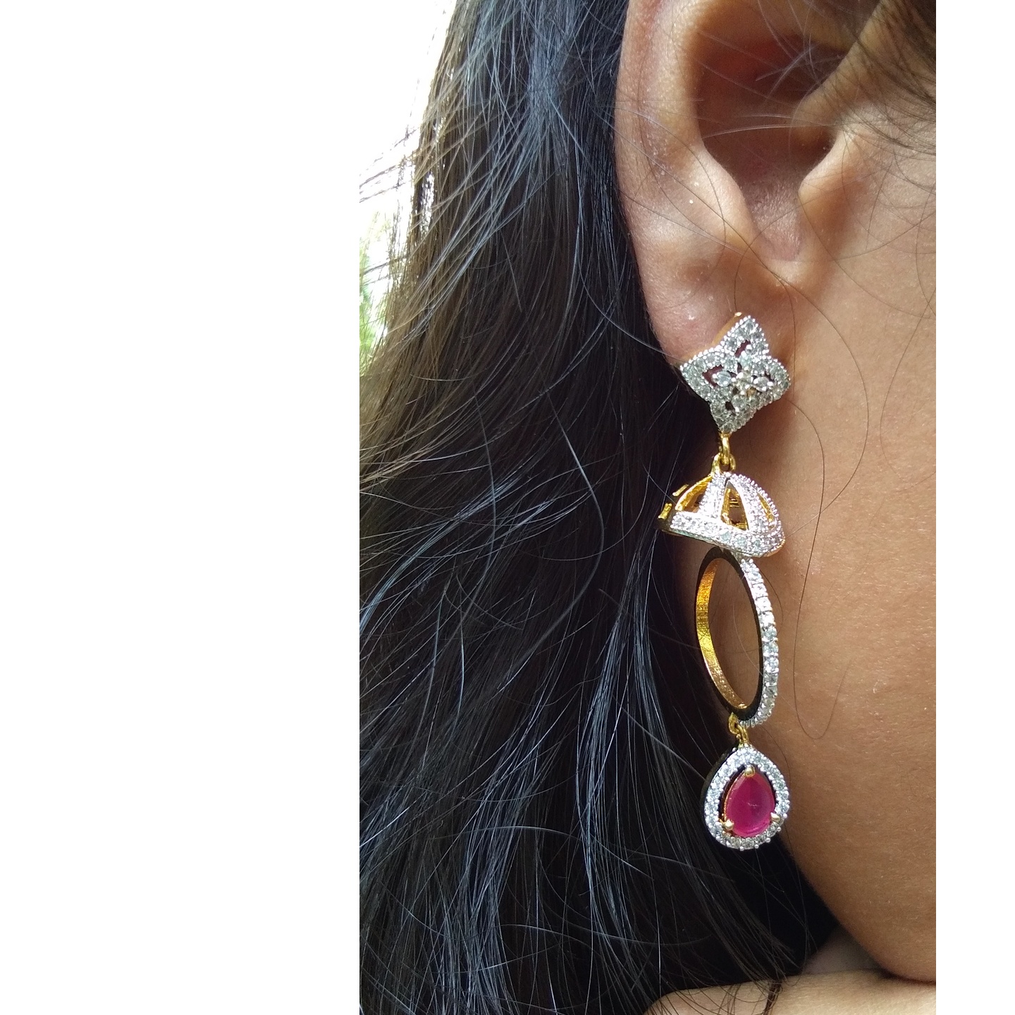 Red Stoned Dangler Ring Earrings