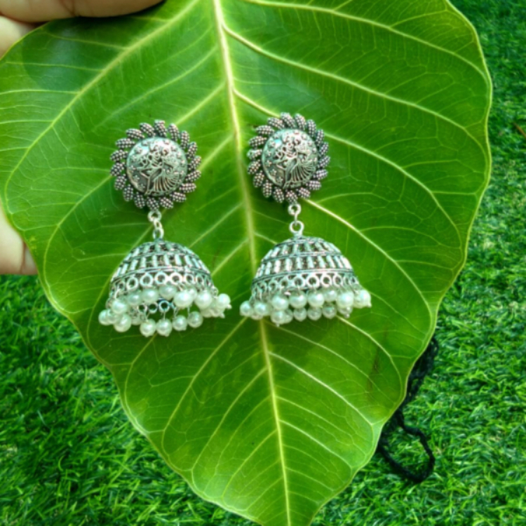 Oxidised White Beads Embedded Jhumki Earrings