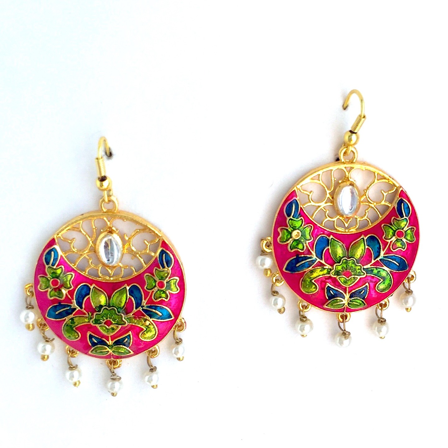 Vibrant Pink and Green Meenawork Moon Earrings