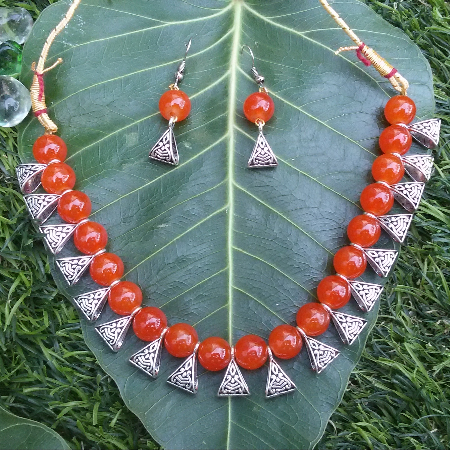 Oxidised Orange Beaded Necklace Set with Earrings