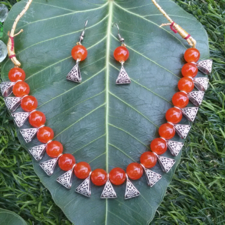 Orange Beads Embedded Oxidised Necklace Set